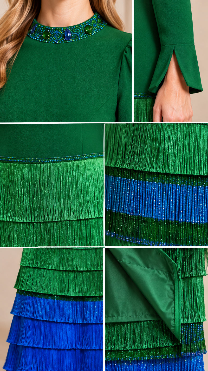 Close-up details of beaded neckline, sleeve cuffs, and tiered fringe trim