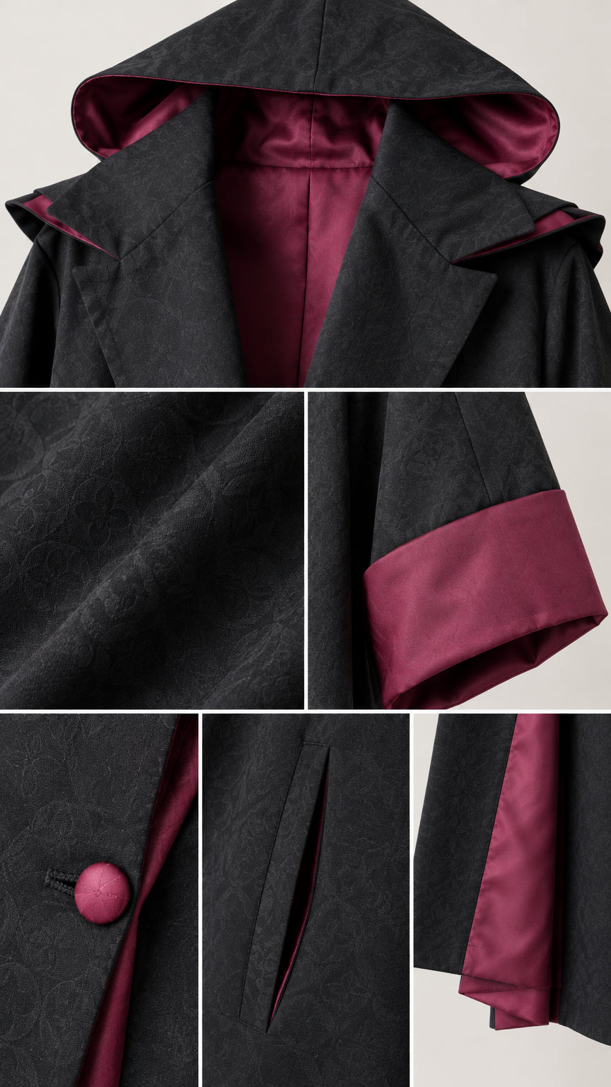 Close-up details of hood lining, jacquard fabric texture, button, and side pocket