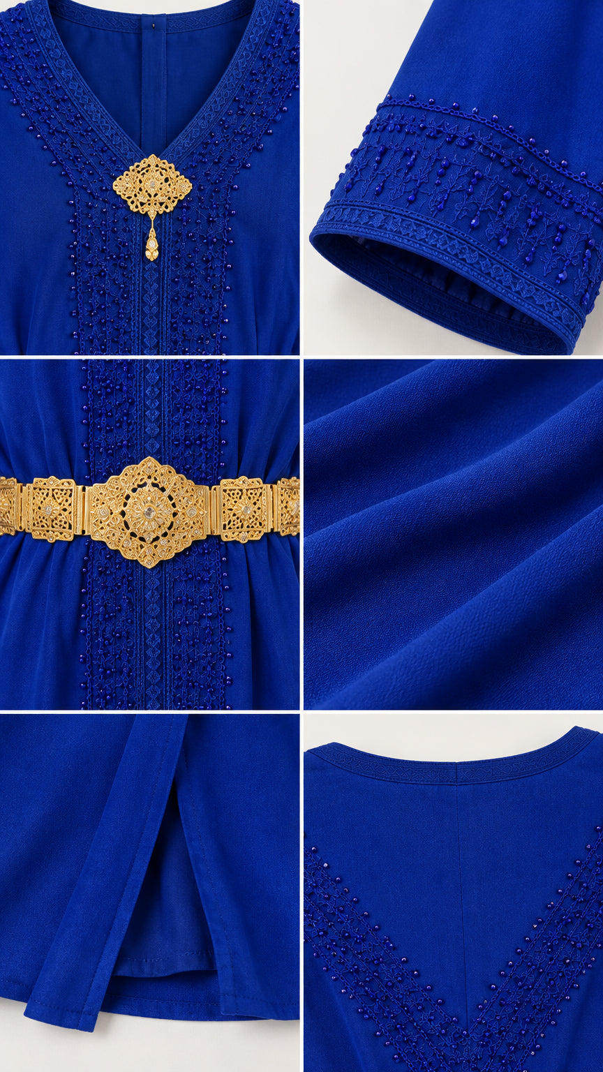 Detailed close-up collage of beadwork neckline, sleeve cuff, gold belt, and fabric texture