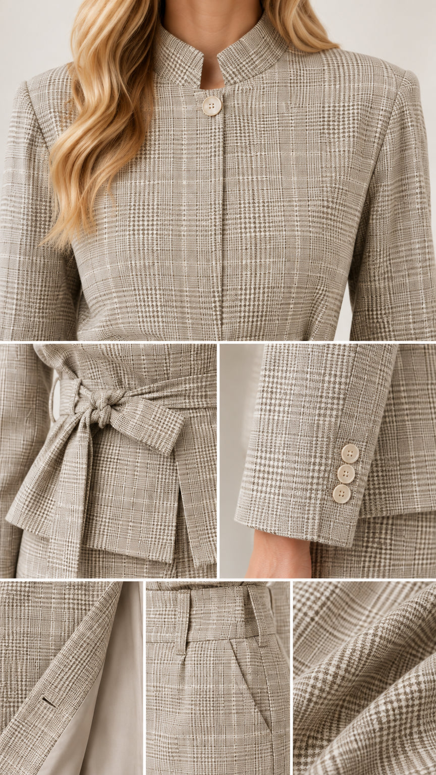 Close-up details of grey plaid jacket collar, tie belt, button cuffs, and pant pocket