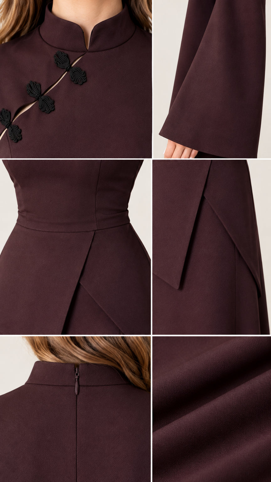 Close-up details of mandarin collar with frog knots, cuffs, and waist overlay