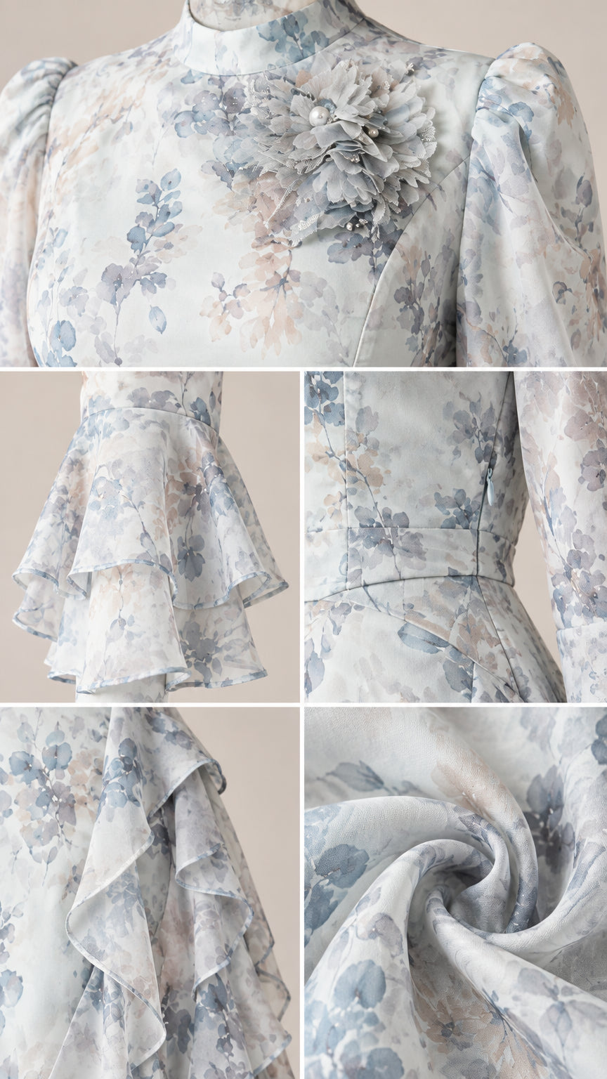 Close-up details of floral applique, tiered bell sleeve cuffs, and chiffon fabric texture