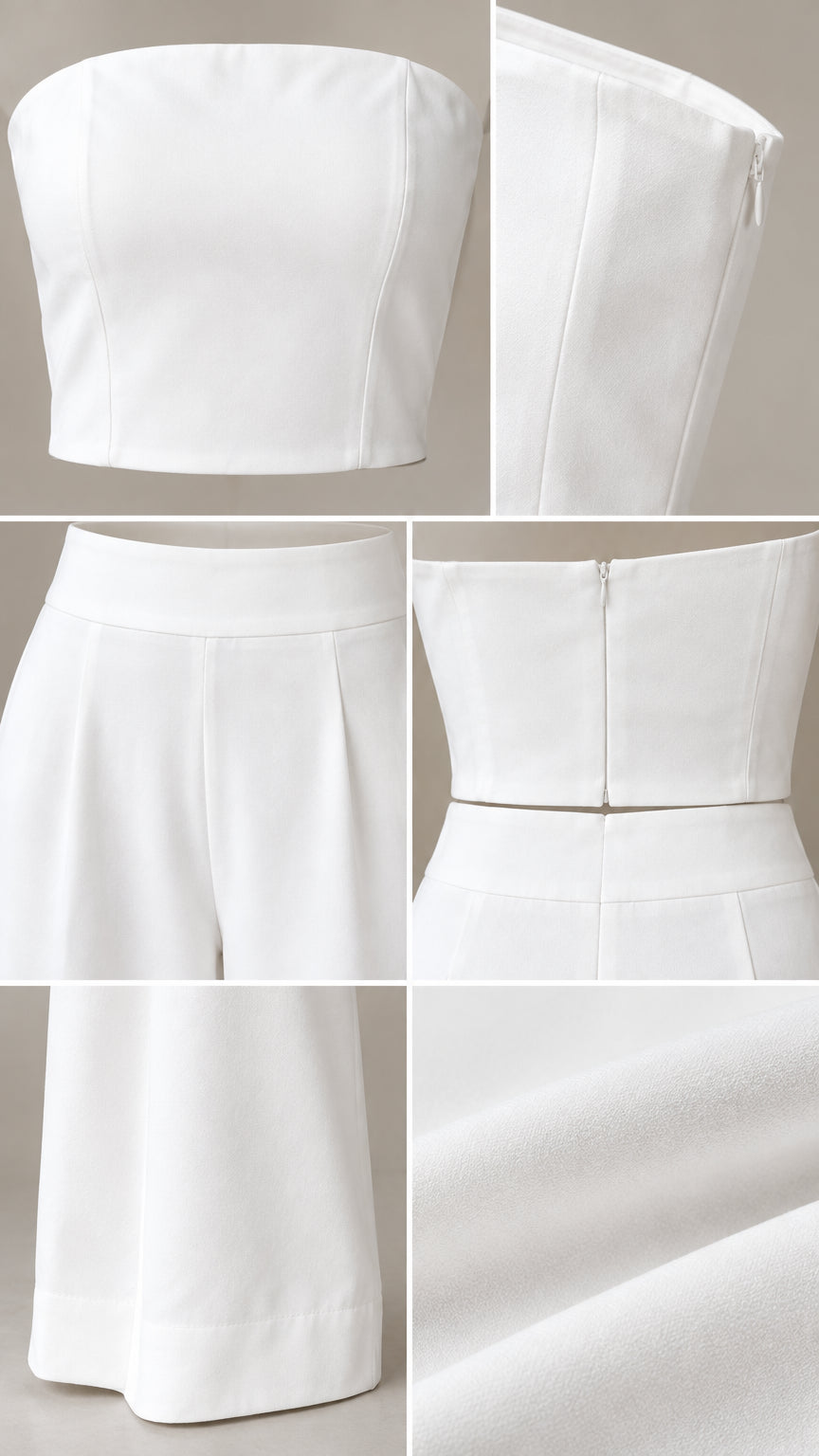 Close-up details of bodice seams, side zipper, and pleated trouser fabric