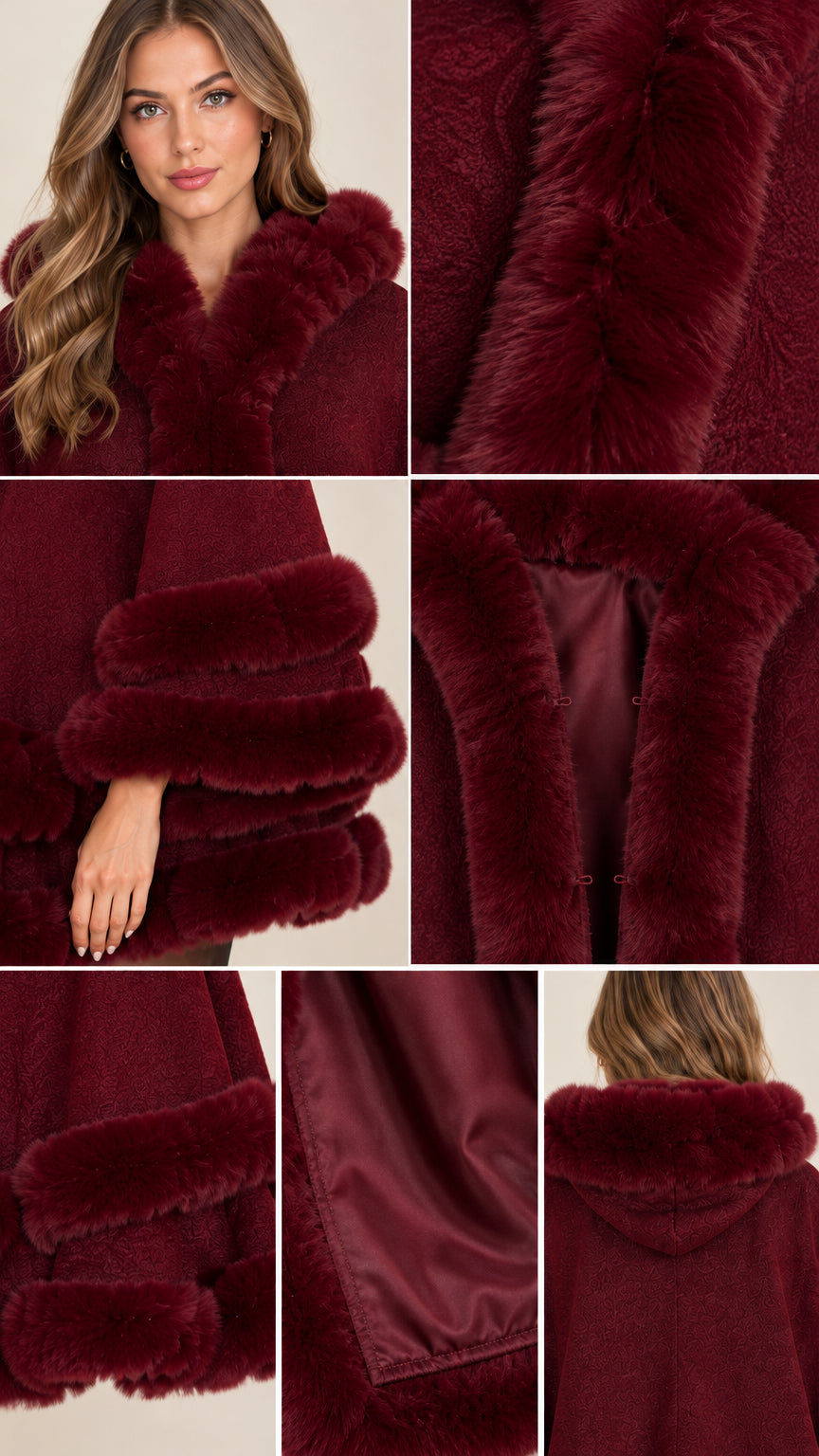 Detailed close-up collage of burgundy hooded cape fabric, faux fur trim, and lining