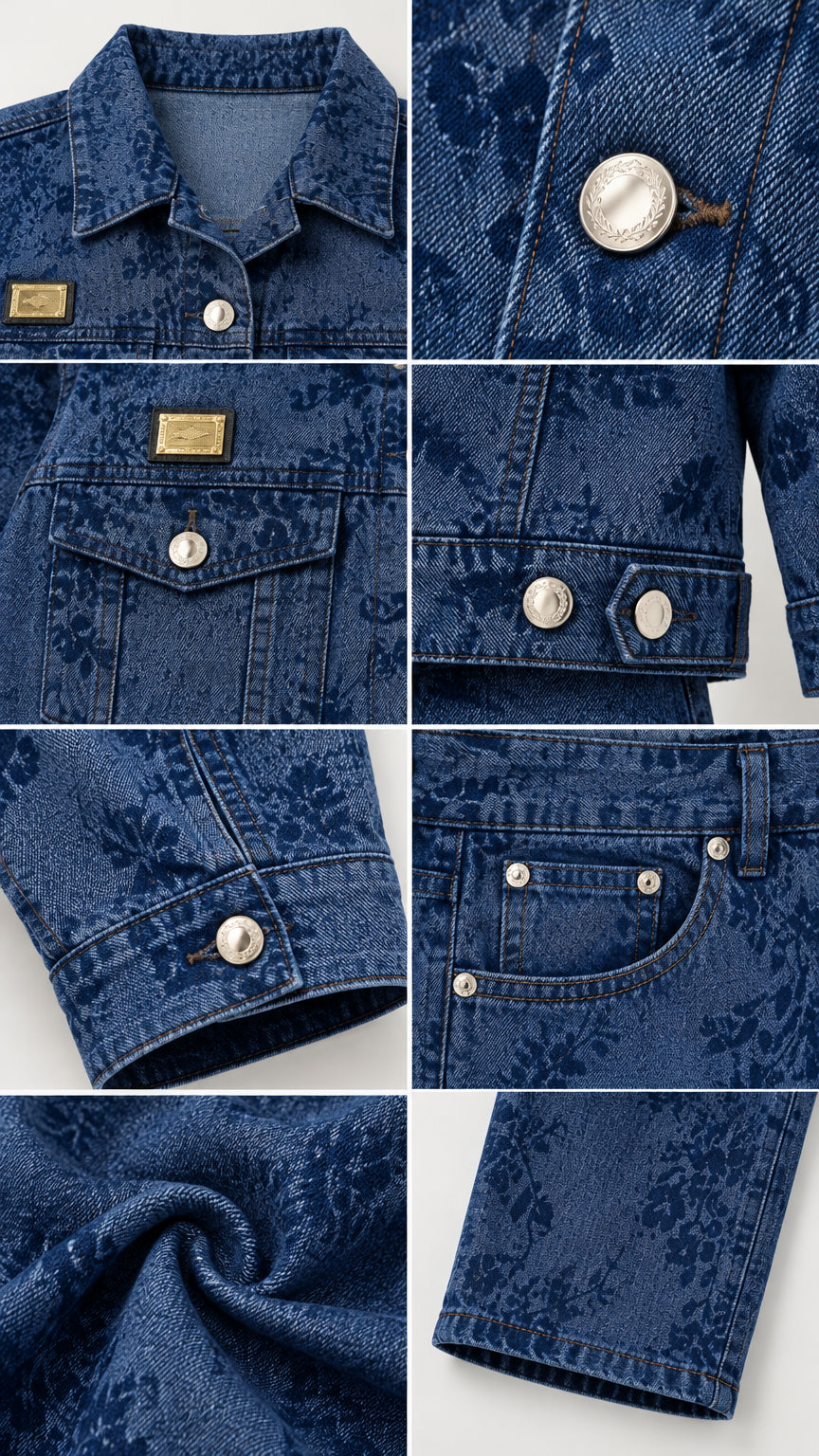 Close-up details of metallic buttons, collar, chest pocket, and floral denim fabric
