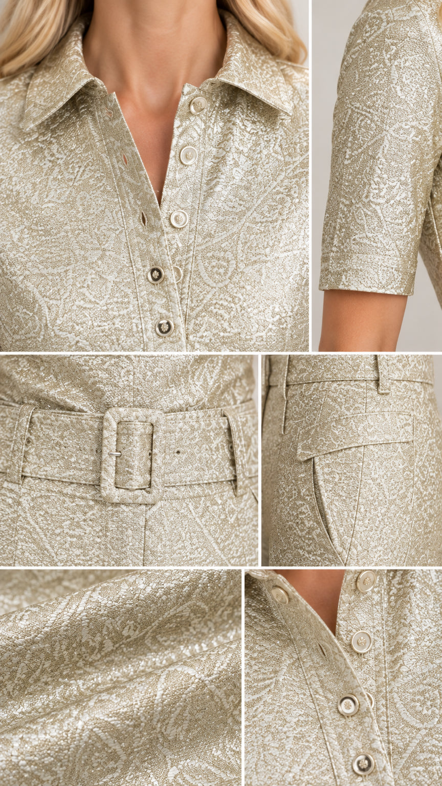 Close-up details of collar, buttons, buckle belt, and textured shimmer fabric on champagne jumpsuit