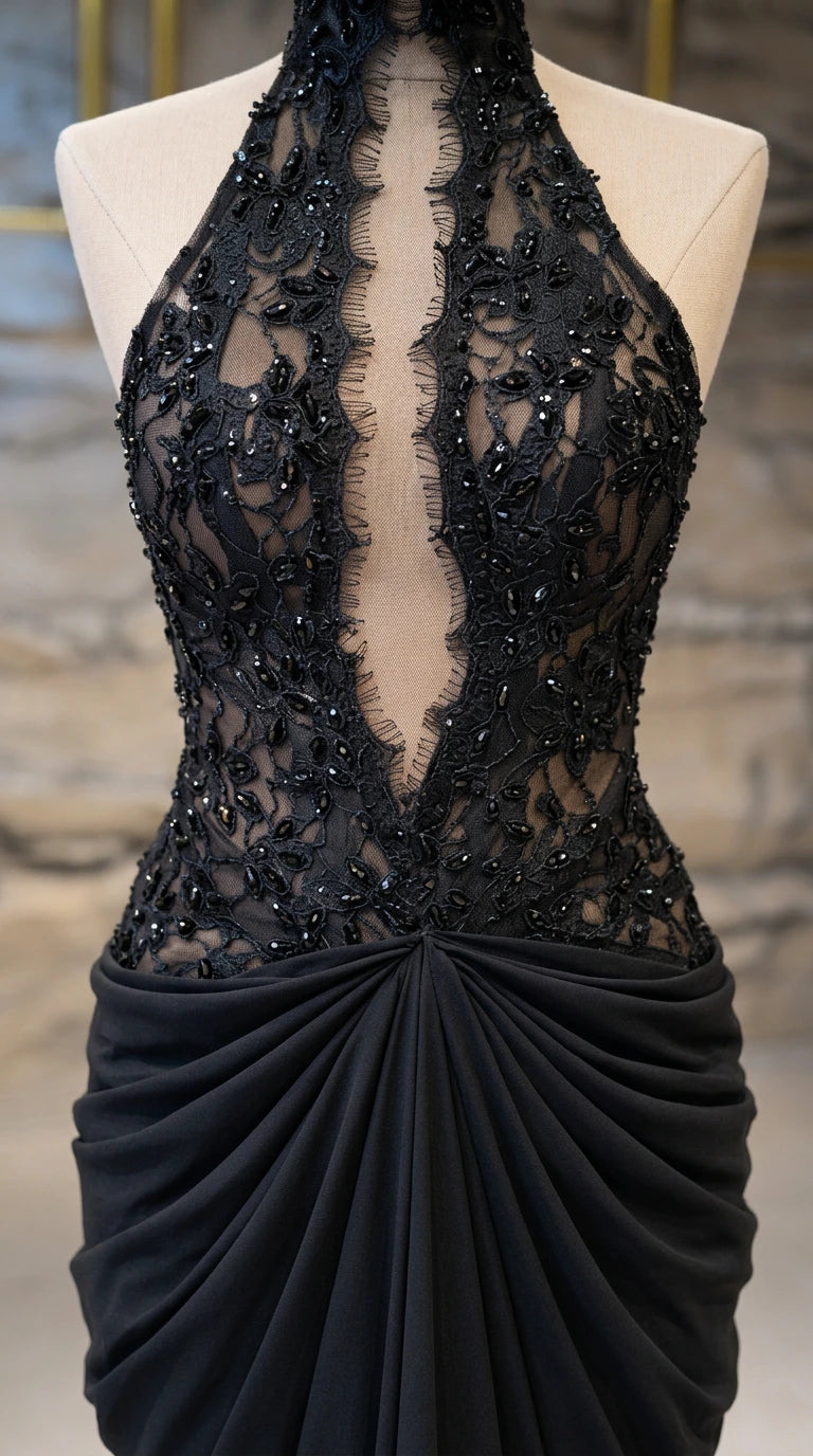 Close-up detail of black beaded lace halter neckline with illusion plunge and ruched waist