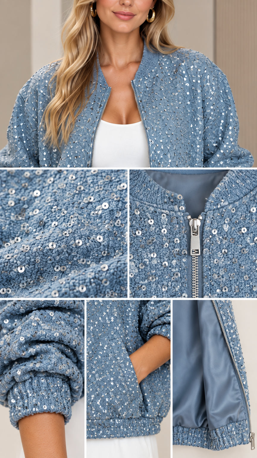 Close-up details of dusty blue sequin bomber jacket including sequin texture, zipper, ribbed cuff, pocket, and lining