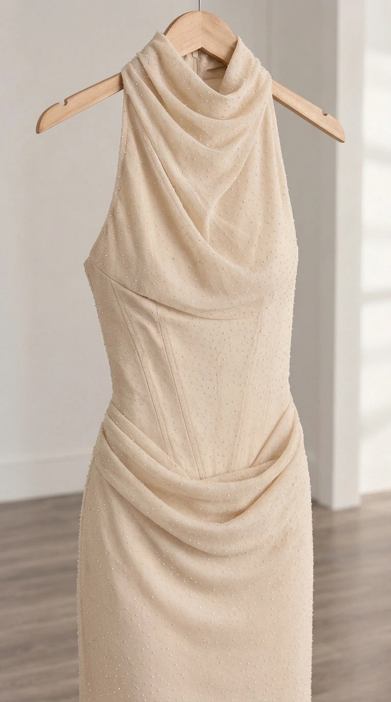 Close-up detail of draped cowl neckline and textured shimmer fabric in Champagne