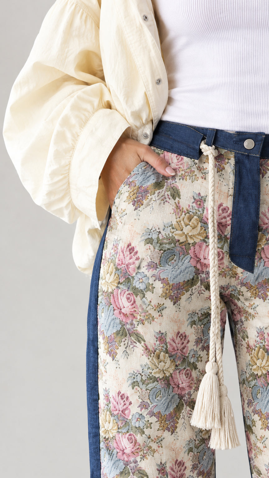 Close-up detail of Cream Floral fabric, side pocket, denim trim, and rope tassel