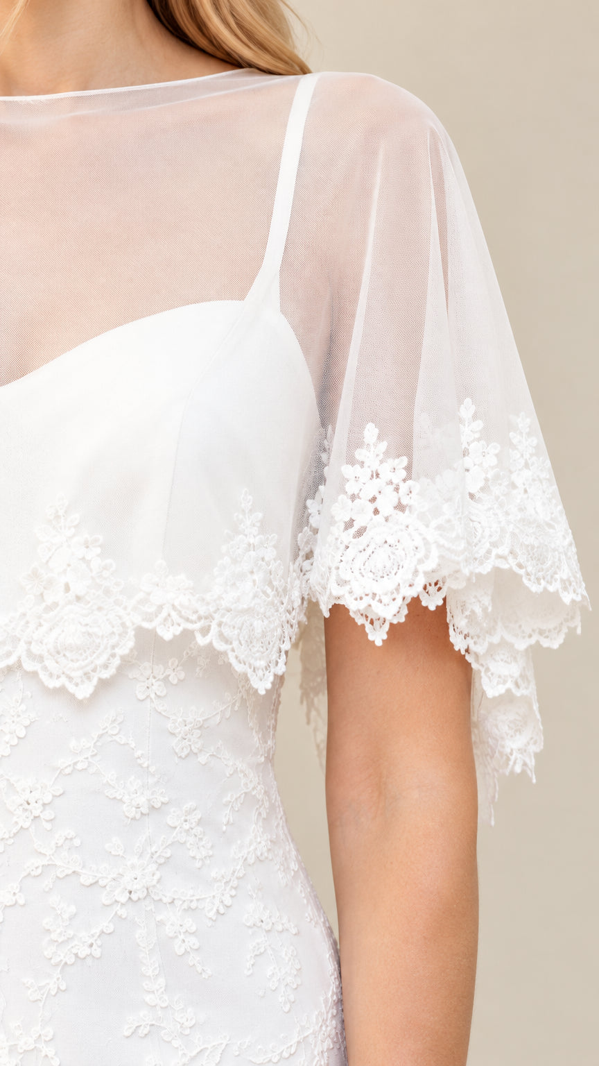 Close-up detail of sheer mesh capelet with scalloped embroidered lace trim