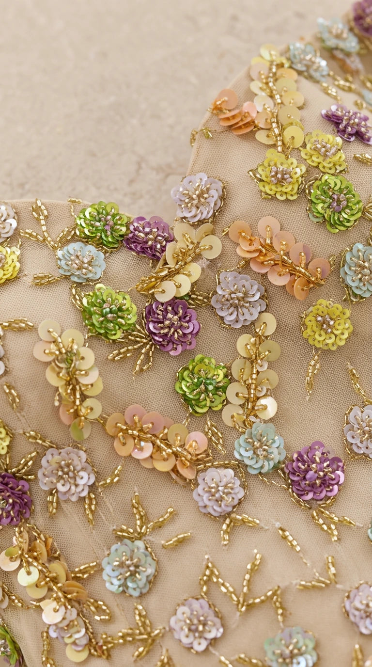 Close-up detail of 3D pastel sequin floral appliqués and intricate beadwork