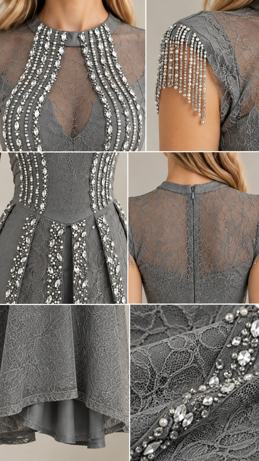 Close-up details of crystal neckline beading, fringe cap sleeves, and lace hem