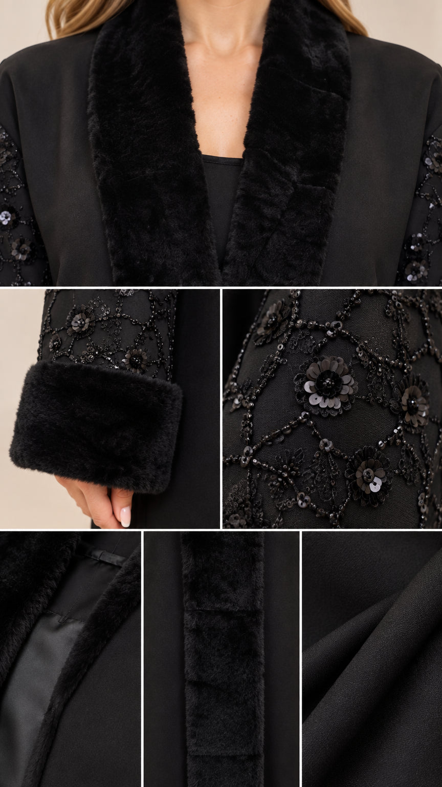Close-up details of faux fur collar, sequin beaded embroidery, plush cuff, and woven fabric texture