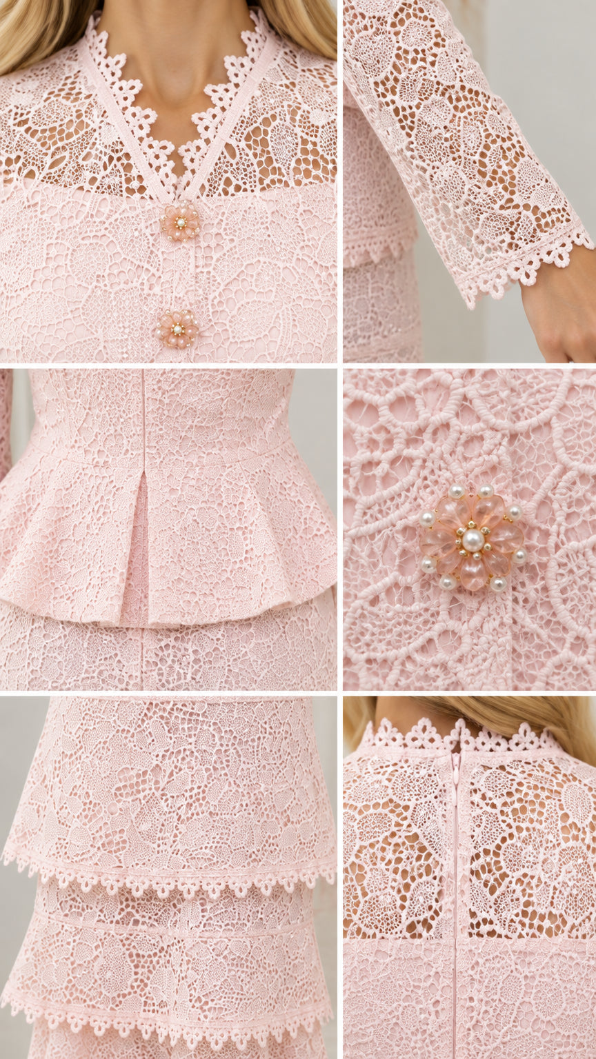 Close-up details of scalloped lace collar, beaded flower buttons, peplum waist, and tiered hem
