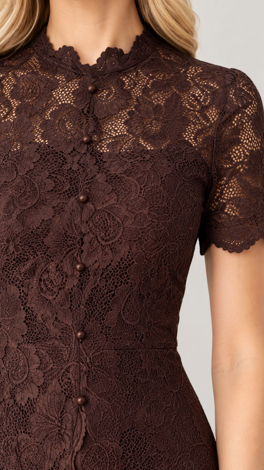 Close-up detail of scalloped collar, delicate floral lace, and button accents