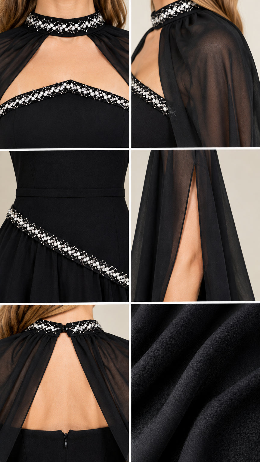 Close-up details of rhinestone beaded neckline, cutouts, waist trim, and sheer chiffon fabric