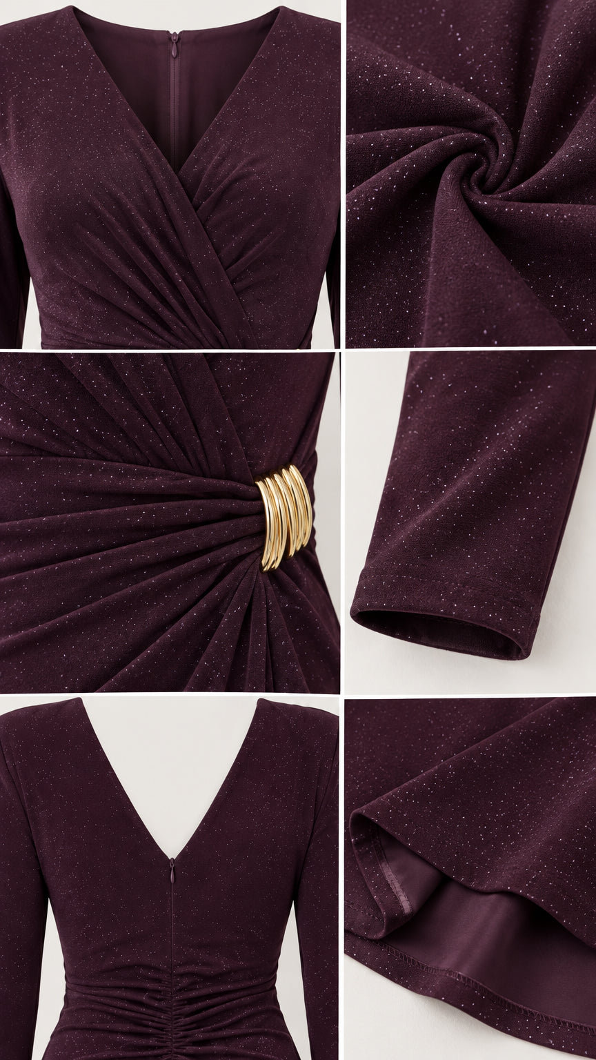Close-up detail collage showing V-neckline, shimmer fabric texture, gold waist buckle, sleeve cuff, and back zipper