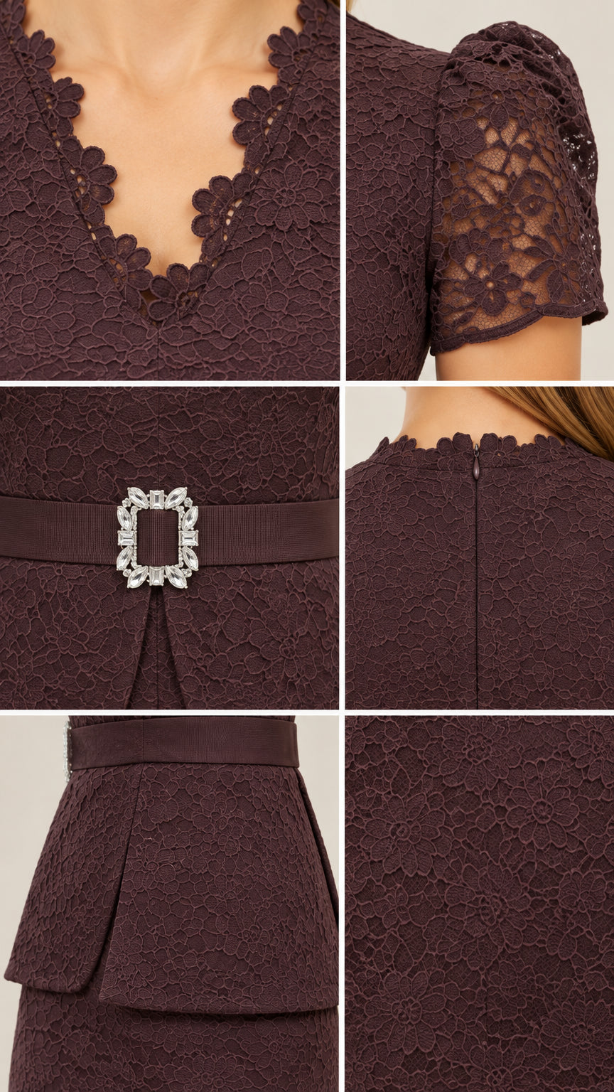 Close-up details of scalloped neckline, lace sleeves, crystal buckle belt, and fabric texture