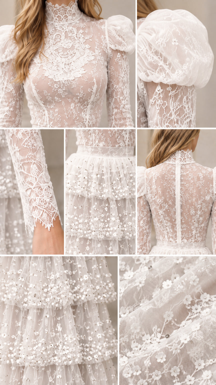 Close-up collage of ivory lace dress detailing neckline, puff sleeves, lace cuffs, and tiered embellishments