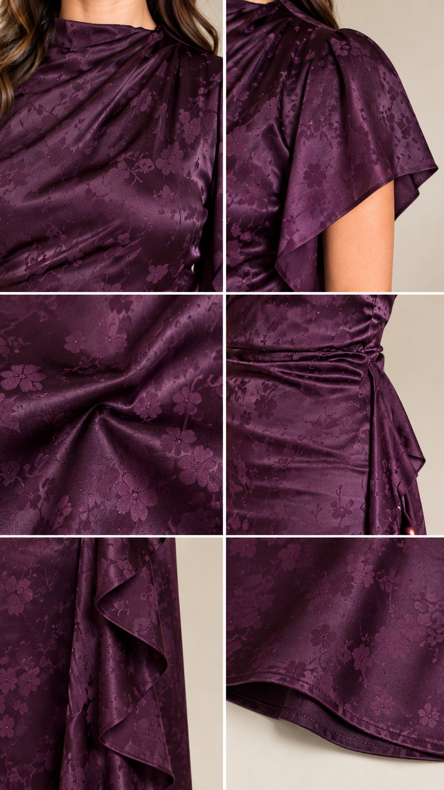 Close-up details of Plum floral satin jacquard fabric, neckline, sleeves, and ruffle drape