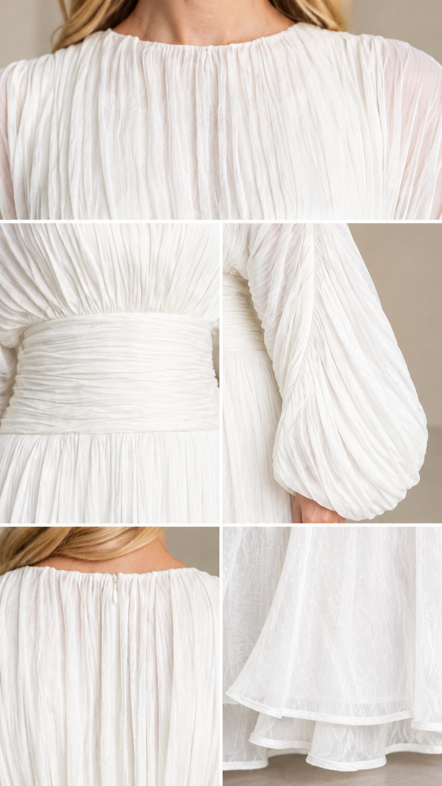 Close-up details of neckline, ruched waist, balloon sleeves, and hem on white maxi dress