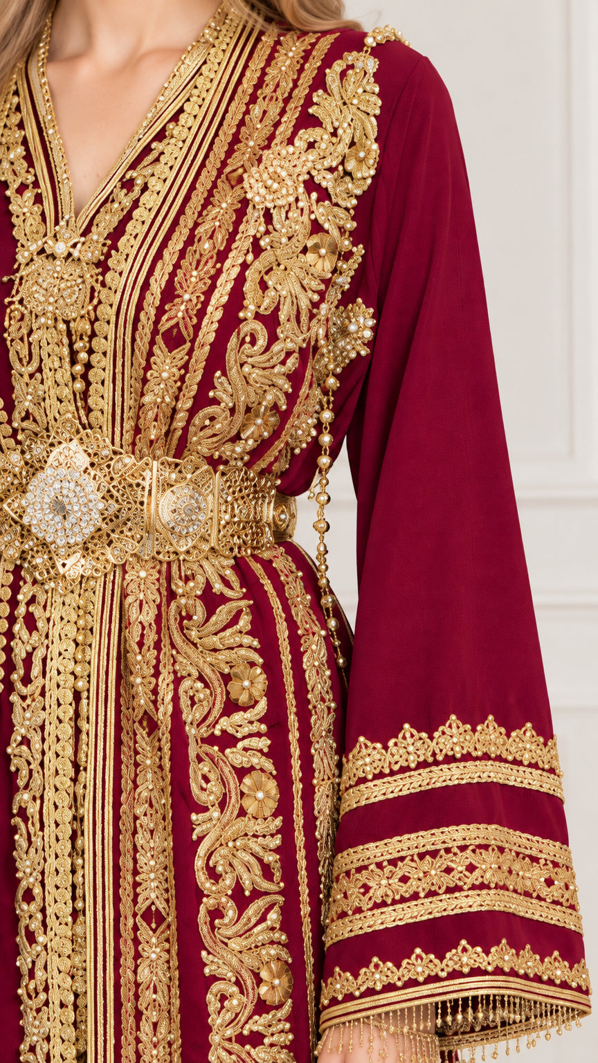 Close-up detail of ornate gold embroidery and embellished belt buckle