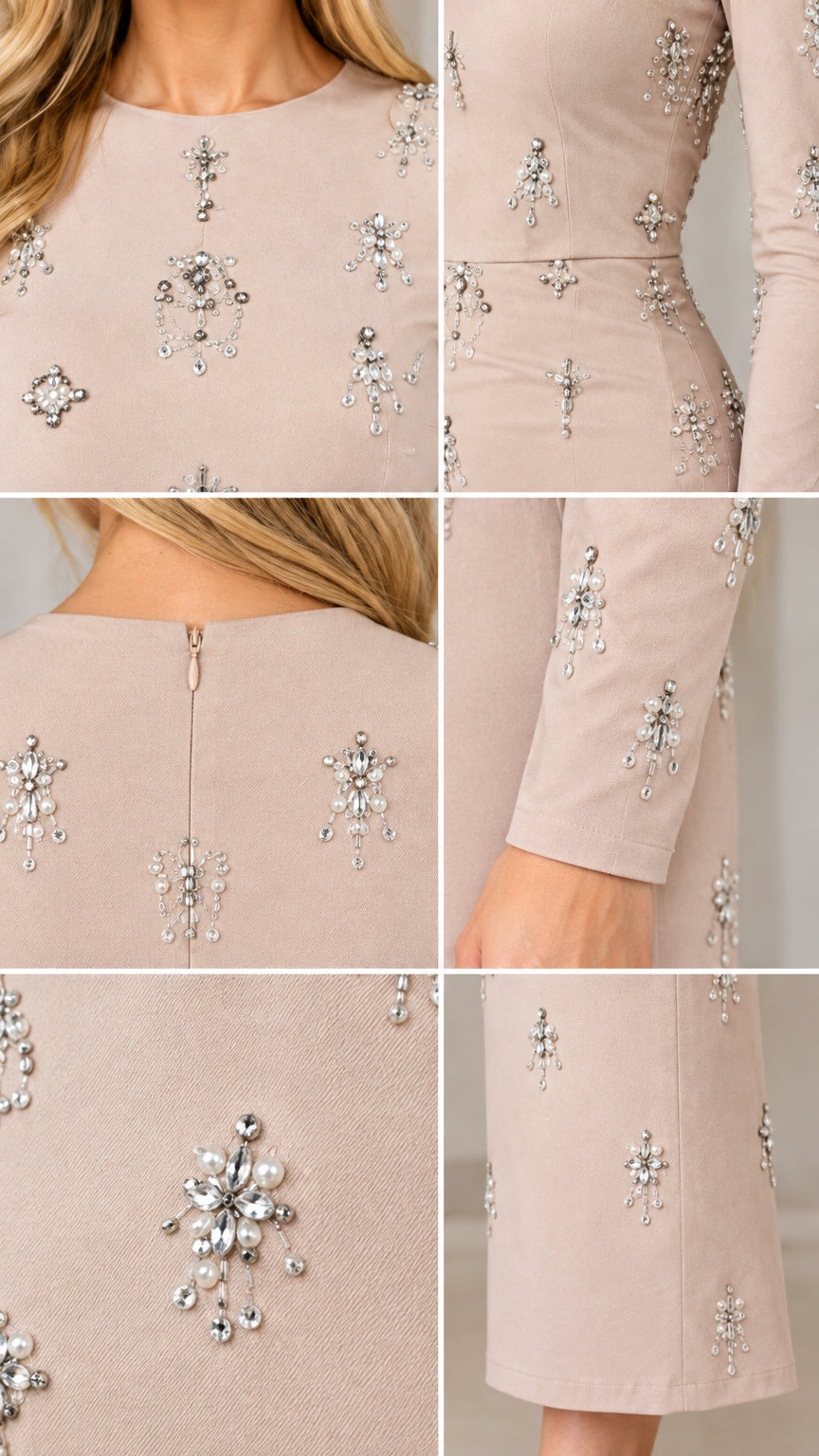 Close-up details of crystal floral embellishments and sleeve cuffs