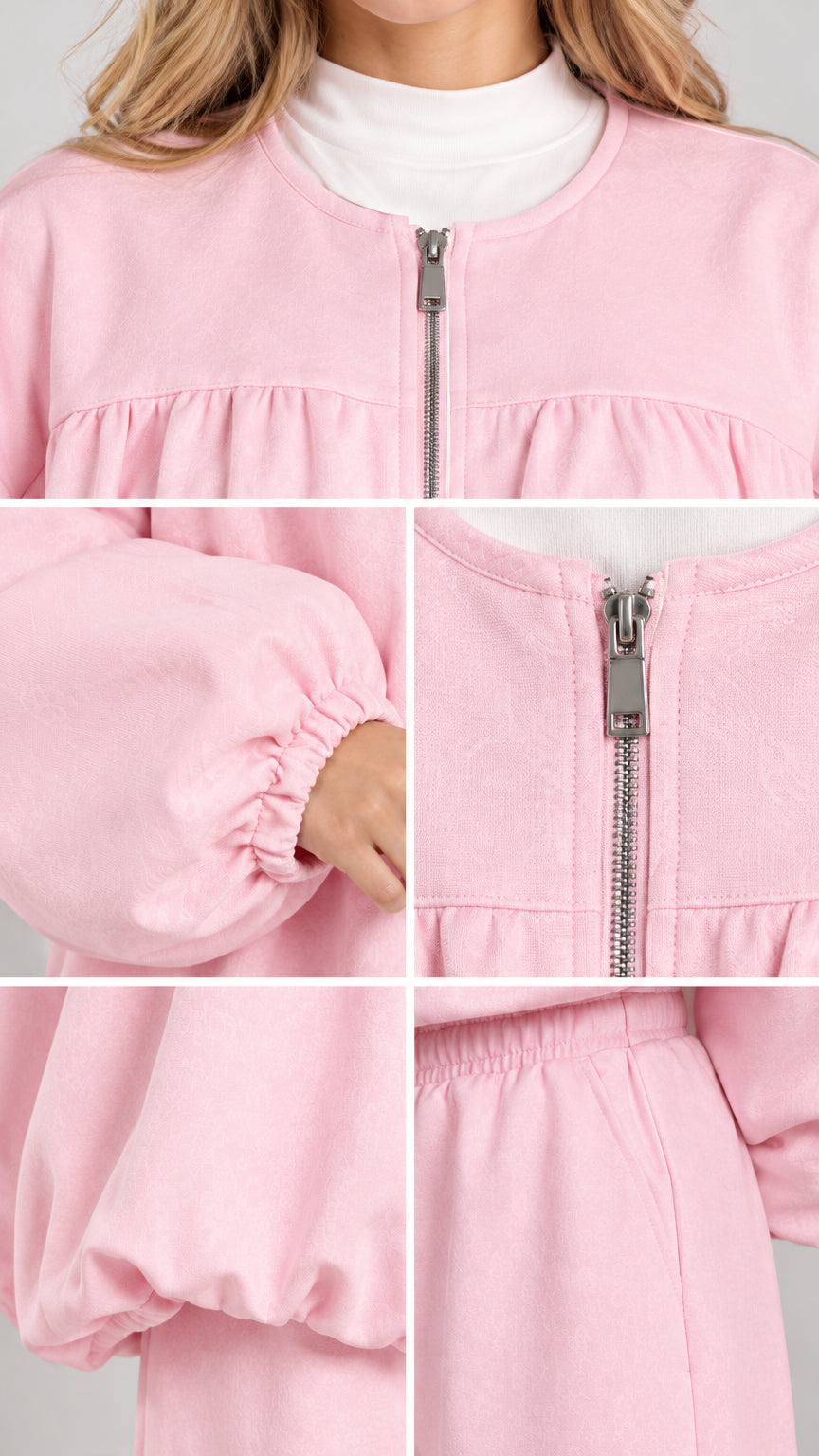 Close-up details of collarless zipper, elastic balloon cuff, and waistband