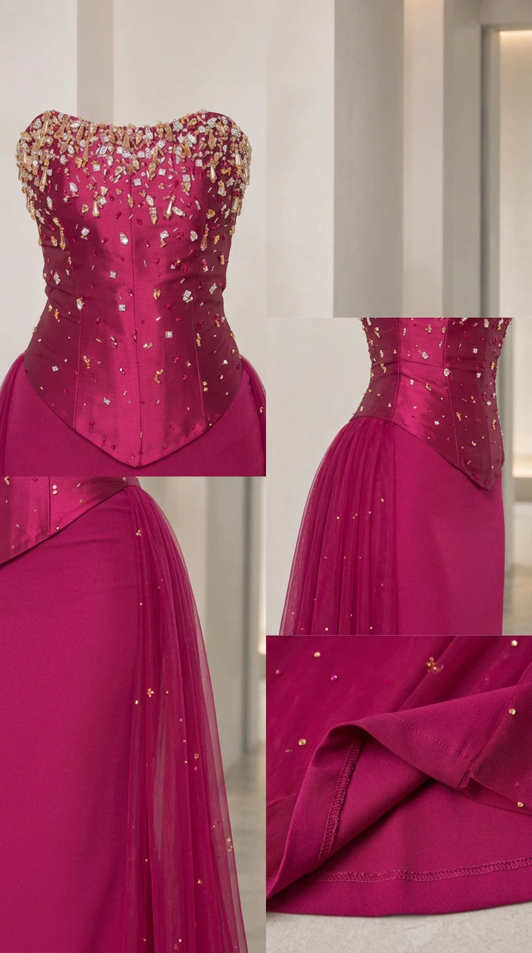 Detailed close-up of crystal beadwork and basque waist on magenta formal gown