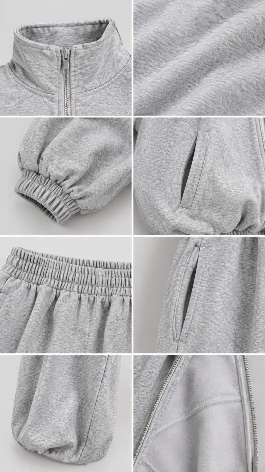 Close-up details of fleece fabric, zipper collar, elastic cuffs, and pocket construction