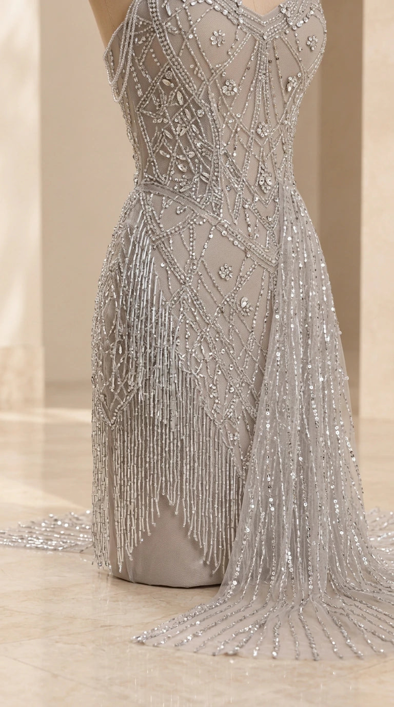 Close-up detail of silver intricate beading and hanging fringe embellishments
