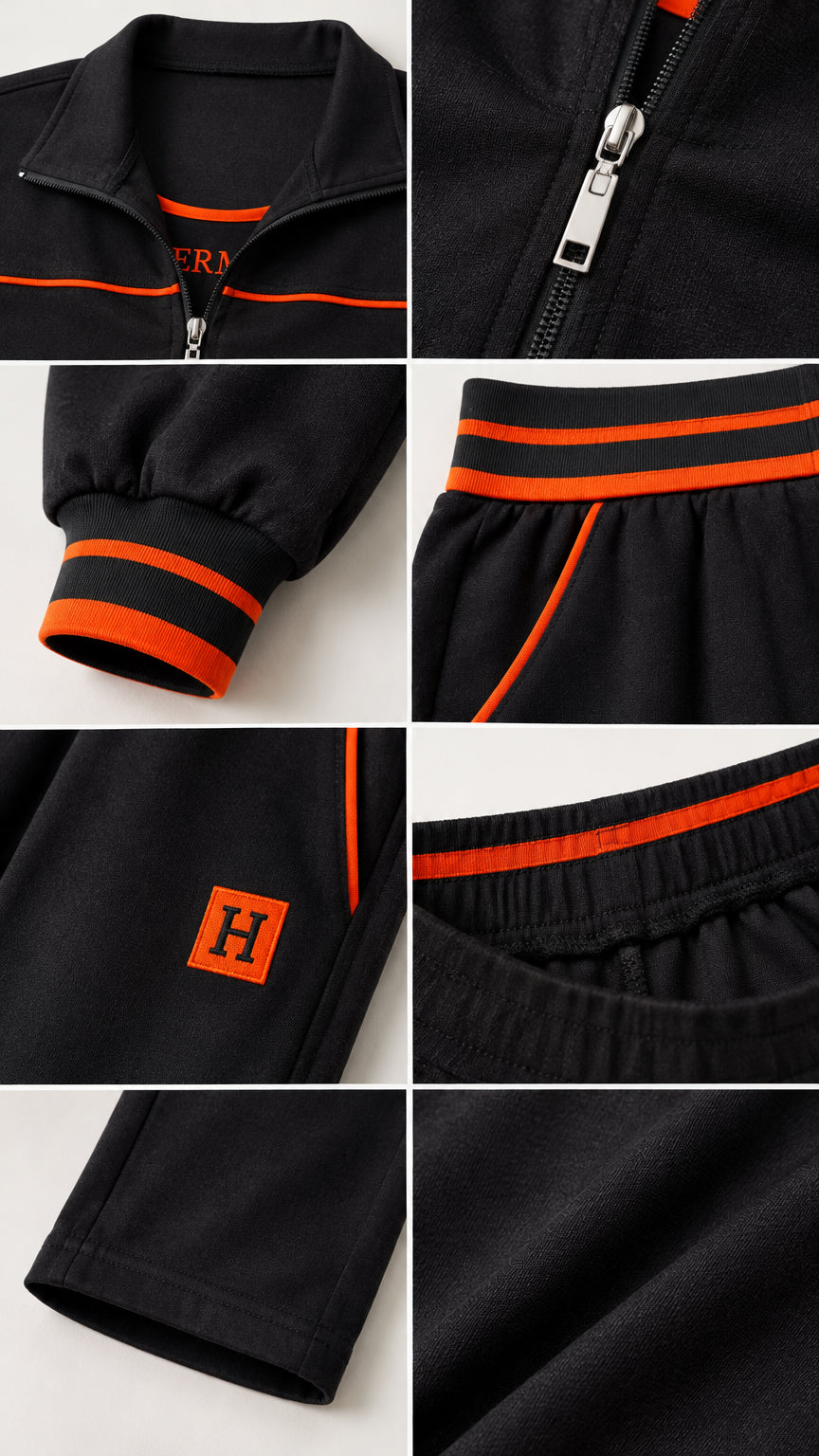 Close-up details of tracksuit zipper, ribbed striped cuffs, and pocket patch