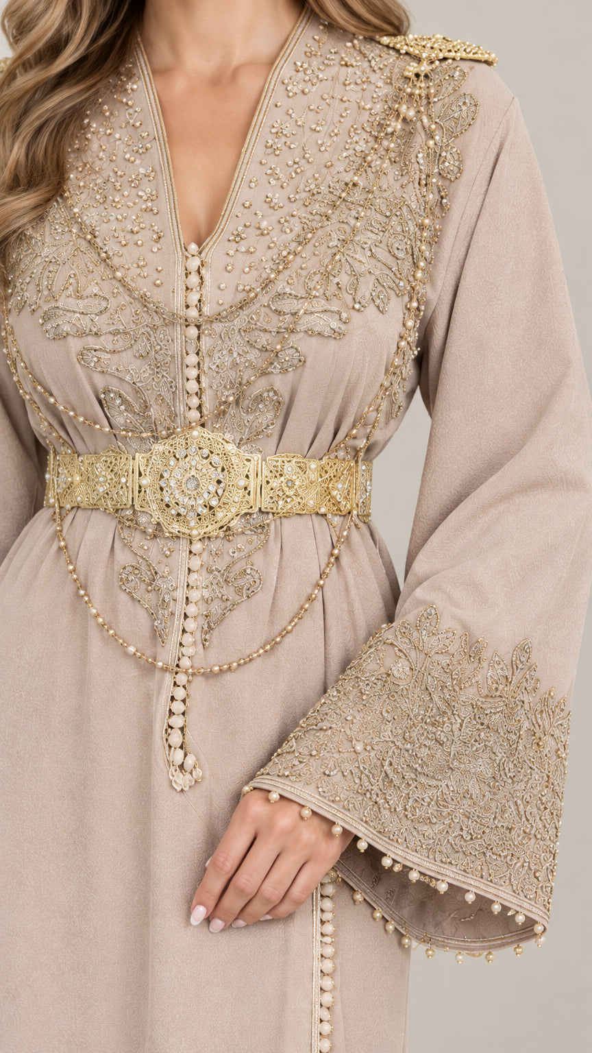 Close-up of intricate gold beading and ornate belt on beige kaftan gown