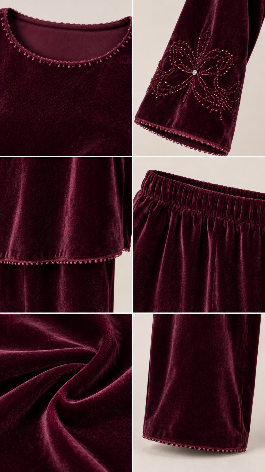 Close-up details of embroidered cuff, delicate beaded trim, elastic waistband, and rich velvet texture