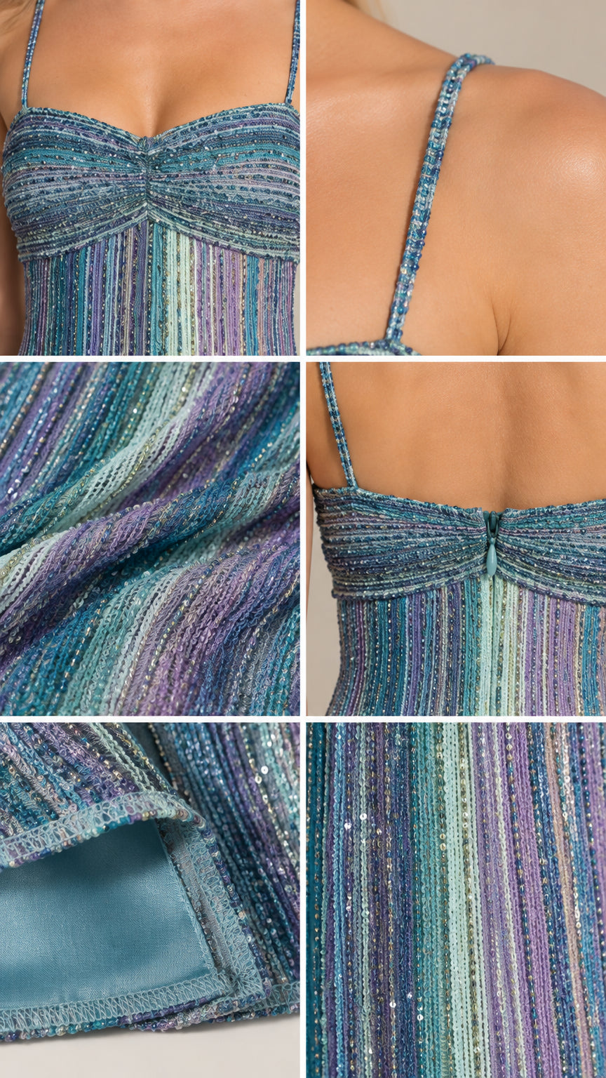 Close-up details of metallic shimmer knit fabric, bodice stitching, straps, and smooth inner lining
