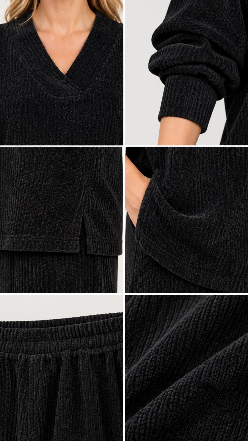 Close up detail shots showing overlap V-neckline, ribbed cuffs, side slit hem, and textured ribbed fabric