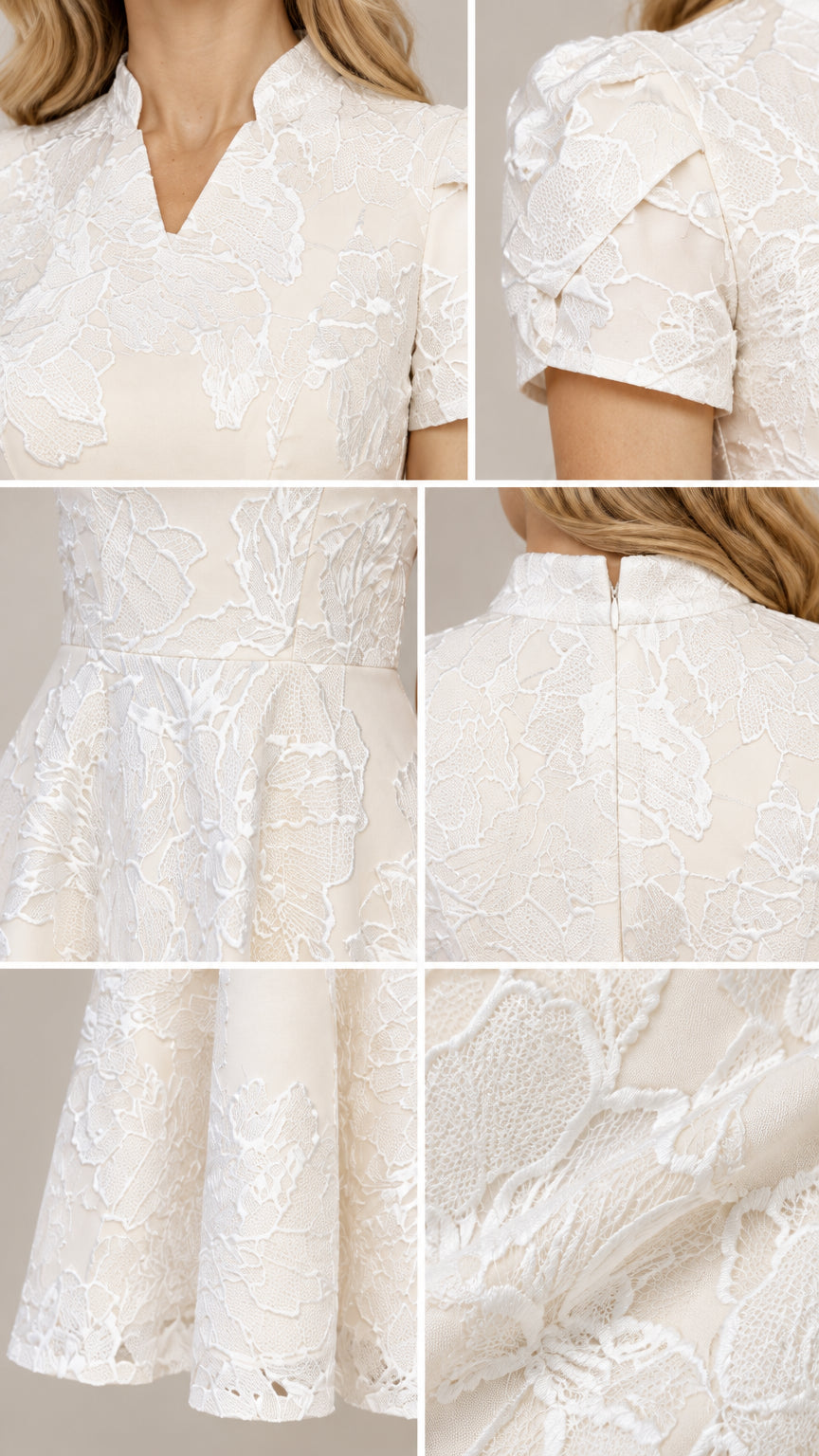 Close-up details of collar neckline, puff sleeve, waist seam, and jacquard texture