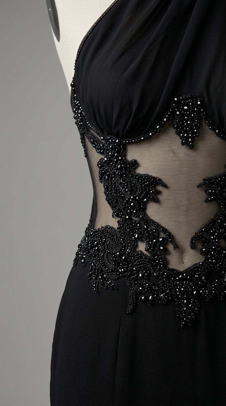 Close-up detail of sheer mesh bodice with intricate black beadwork and embroidery
