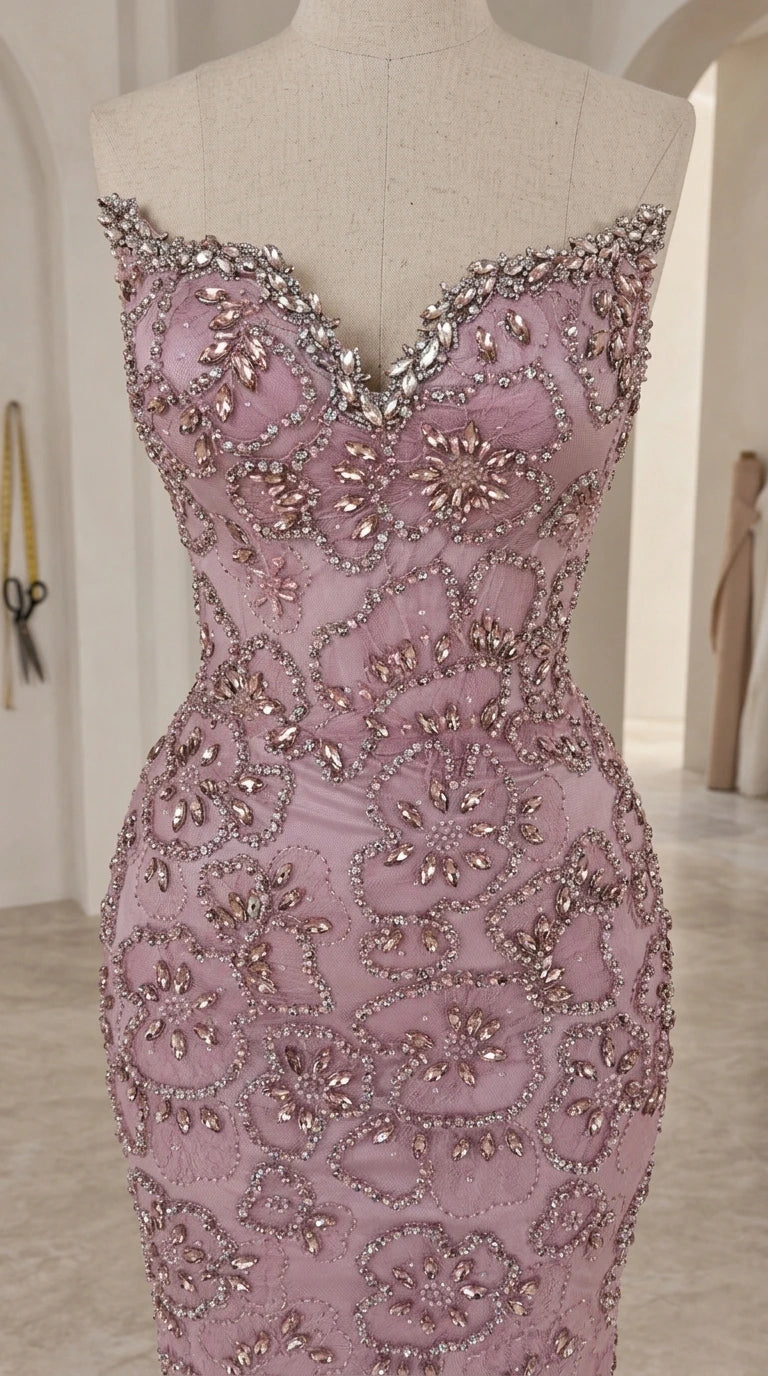 Close-up detail of notched crystal neckline and beaded scroll embroidery on bodice