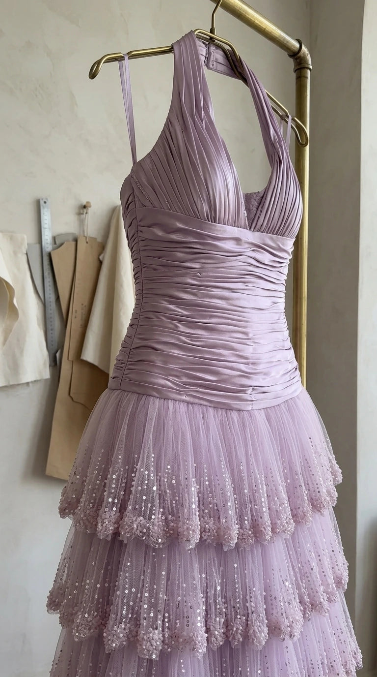 Close-up of lilac ruched bodice and sequined tiered tulle skirt on hanger