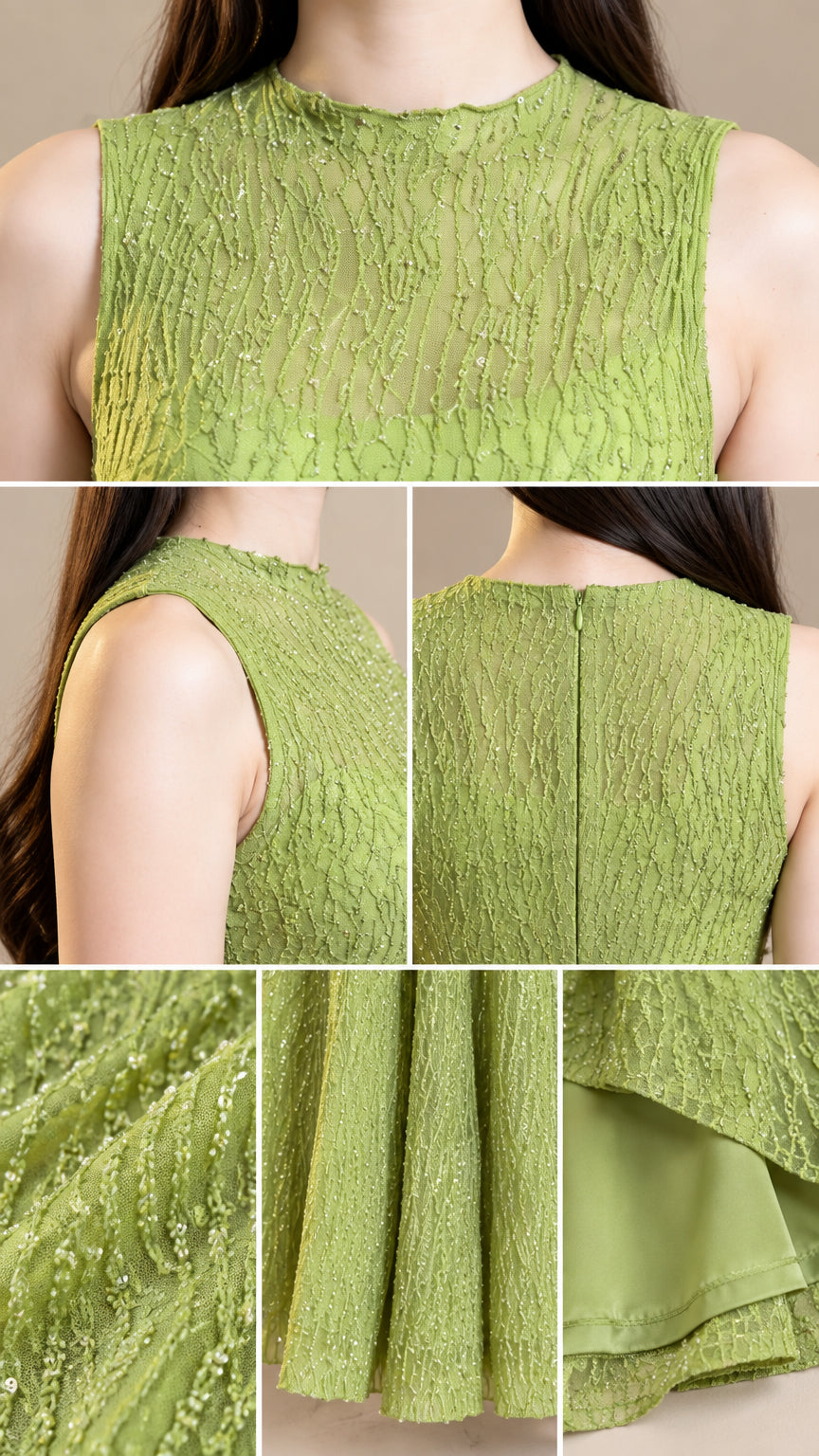 Close-up details of neckline, back zipper, and inner lining on light green textured dress