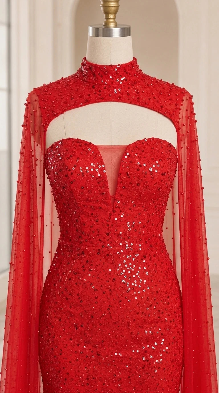 Close-up detail of high-neck sheer capelet and sequined sweetheart bodice on mannequin