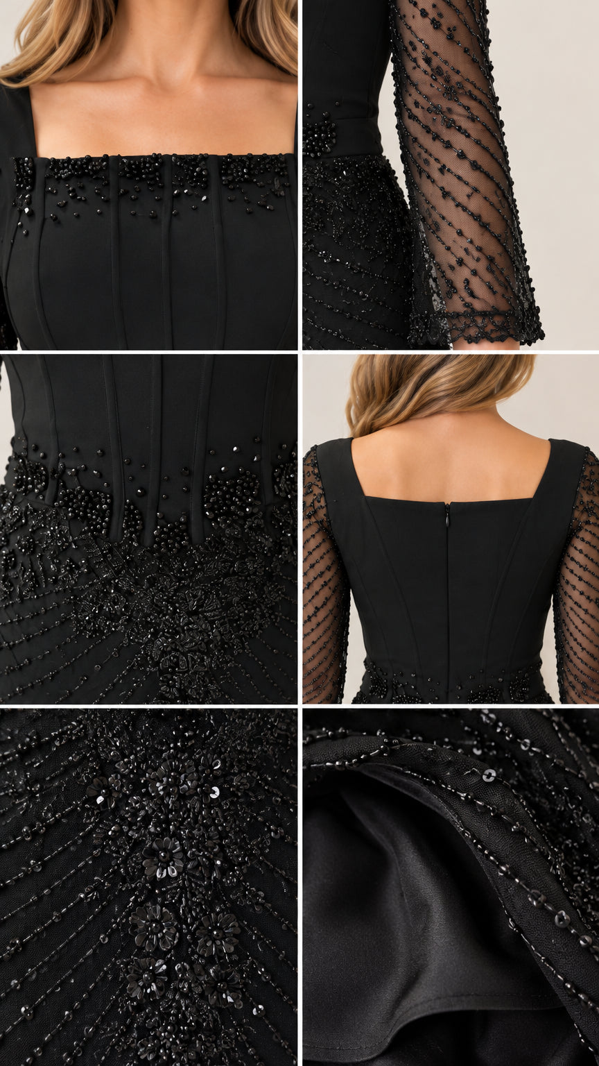 Detailed collage showing beaded neckline, sheer sleeve, back zipper, and sequin fabric