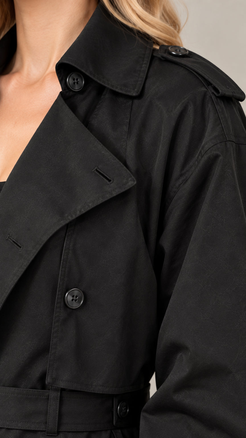 Close-up detail of black trench coat collar, shoulder epaulet, and buttons