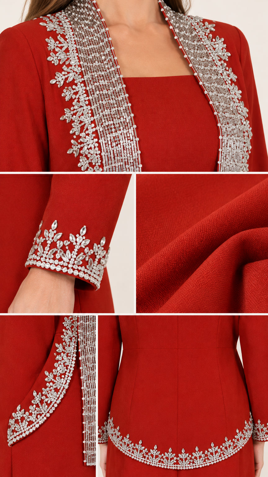 Close-up details of intricate crystal beading on jacket lapel, cuff, and crepe fabric texture