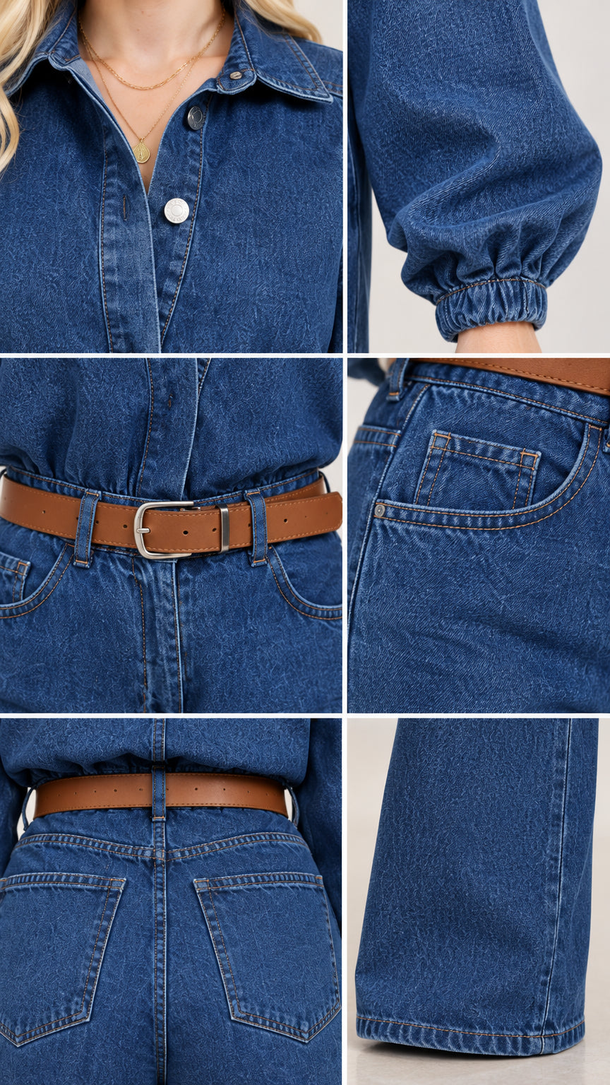 Close-up details of collar, elastic cuff, waistband belt, and denim hem