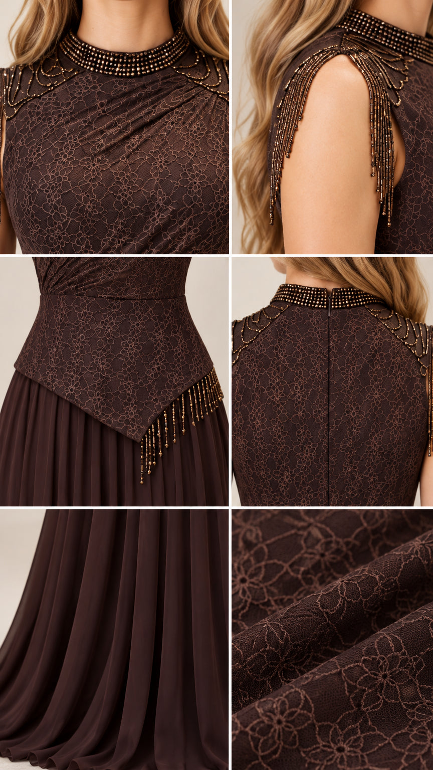 Detailed close-ups of beaded neckline, fringe armhole, and textured lace bodice