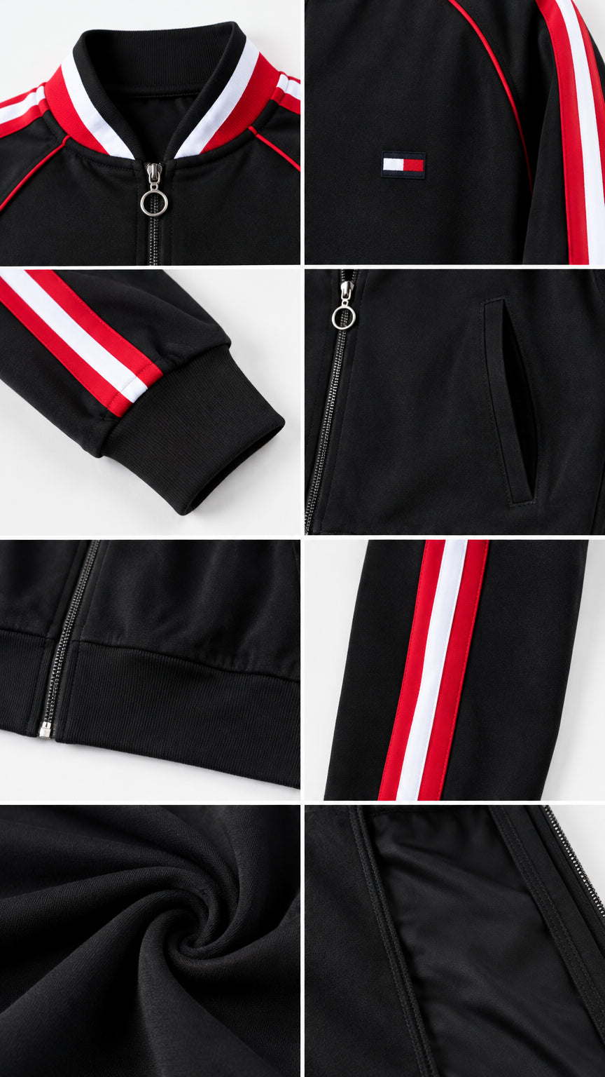 Close-up details of striped rib collar, ring zipper pull, cuff, and fabric texture