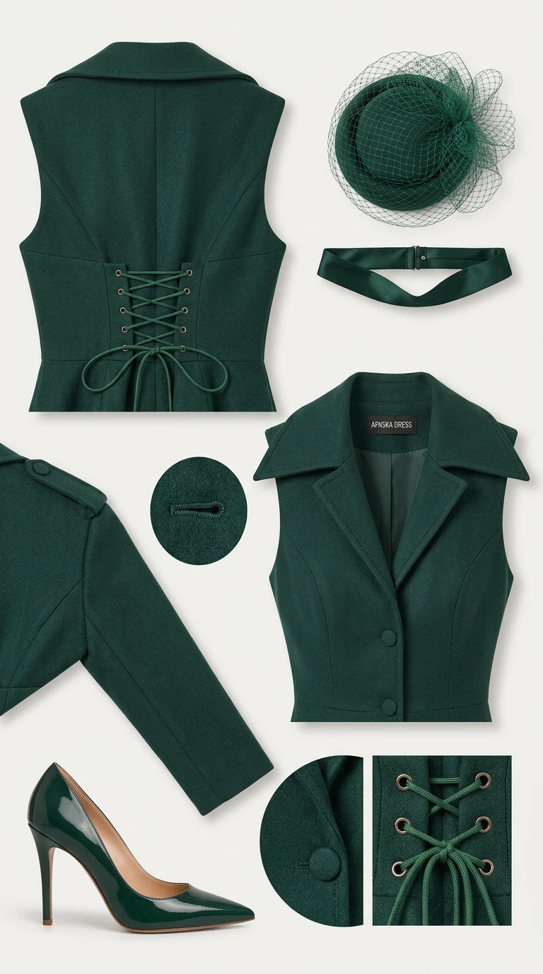 Flat lay details of Forest Green dress components including collar, cuffs, corset back, and accessories
